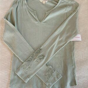 Lucky Brand Sage Ribbed V-Neck Long Sleeve Top